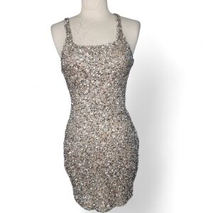 Parker Sage Sleeveless Fitted Sequin Dress In Silver Size 2